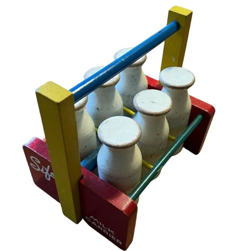 Vintage 1950s SIFO Wooden Milk Bottle Carrier‎ Toy, Learning Counting Children